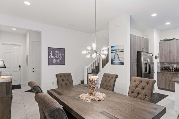 Dining room, Interior, Kitchen, Marble, Pendant Lights, Recessed Lighting, Stainless Steel Appliances