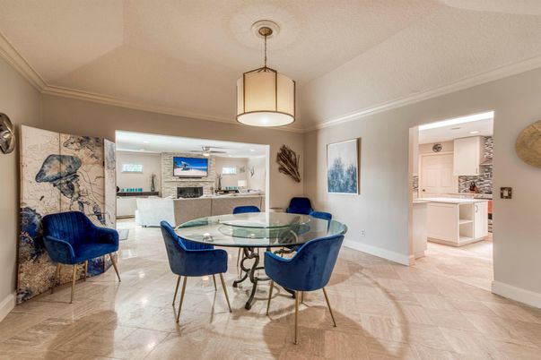 Dining room, Fireplace, Interior, Kitchen, Living room, Pendant Lights, Recessed Lighting