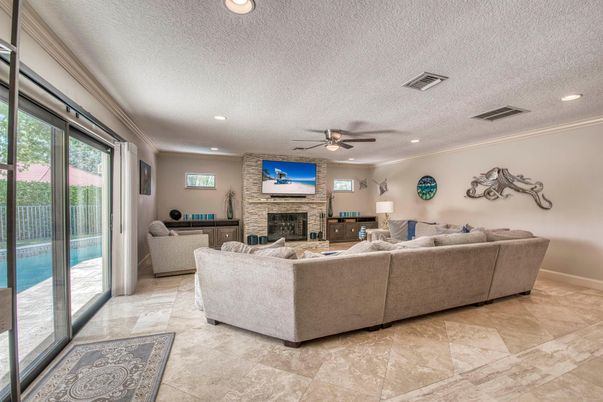 Fireplace, Interior, Living room, Recessed Lighting, Stone Walls