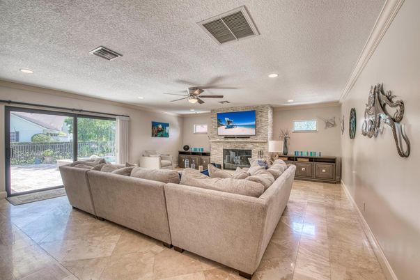 Fireplace, Interior, Living room, Recessed Lighting, Stone Walls