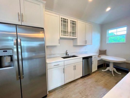 Interior, Kitchen, Recessed Lighting, Stainless Steel Appliances, Wood Texture Flooring