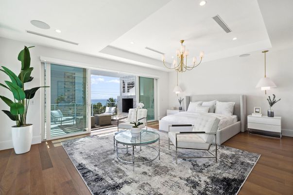 Bedroom, Chandelier, Interior, Recessed Lighting, Water, Wood Texture Flooring