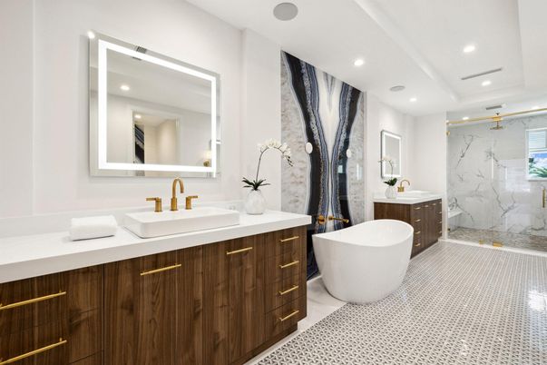 Bathroom, Dual Sink Vanities, Free Standing Baths, Glass Shower, Interior, Marble Walls, Recessed Lighting
