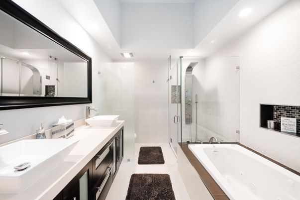 Bathroom, Dual Sink Vanities, Glass Shower, Interior, Recessed Lighting