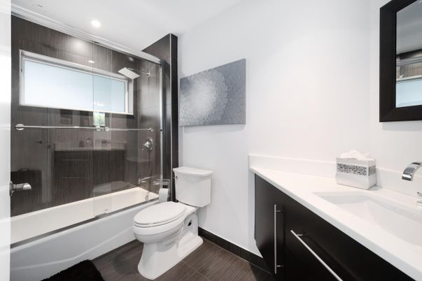 Bathroom, Glass Shower, Interior, Recessed Lighting, Wood Texture Flooring