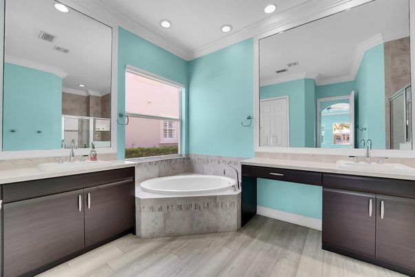 Bathroom, Dual Sink Vanities, Interior, Recessed Lighting, Wood Texture Flooring