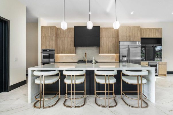 Interior, Kitchen, Marble, Pendant Lights, Recessed Lighting, Stainless Steel Appliances