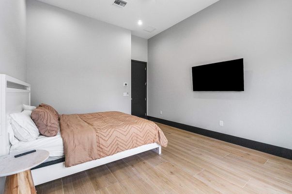 Bedroom, Interior, Recessed Lighting, Wood Texture Flooring