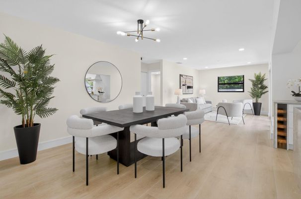 Dining room, Interior, Living room, Pendant Lights, Recessed Lighting, Wood Texture Flooring