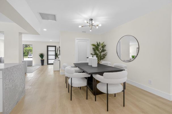 Dining room, Interior, Pendant Lights, Recessed Lighting, Wood Texture Flooring