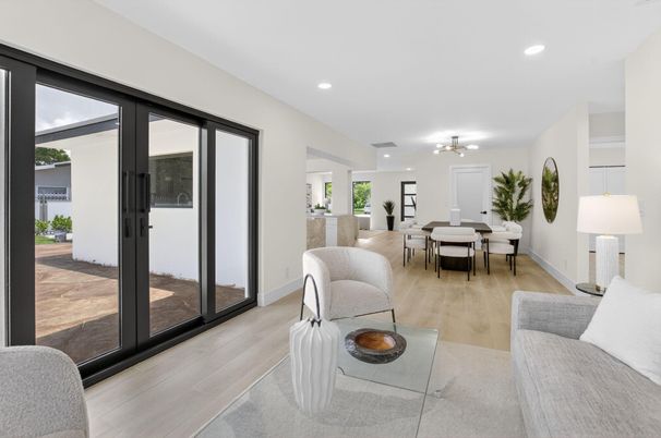 Dining room, Interior, Living room, Recessed Lighting, Wood Texture Flooring