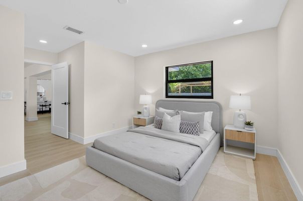 Bedroom, Interior, Recessed Lighting, Wood Texture Flooring
