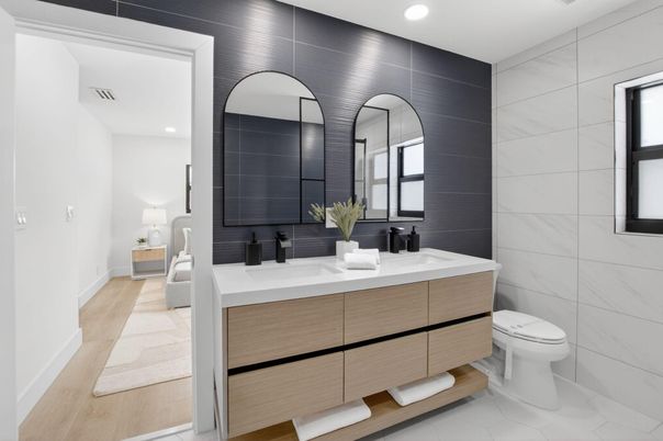 Bathroom, Dual Sink Vanities, Interior, Recessed Lighting, Wood Texture Flooring