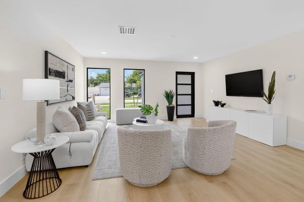 Interior, Living room, Recessed Lighting, Wood Texture Flooring