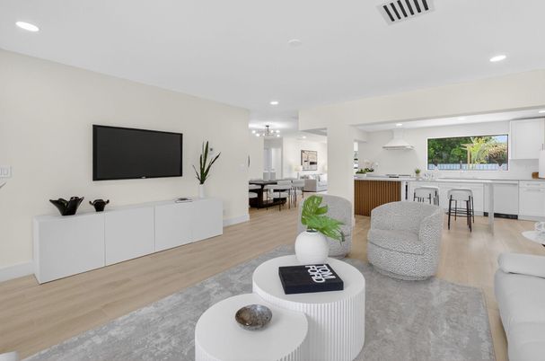 Interior, Kitchen, Living room, Pendant Lights, Recessed Lighting, Wood Texture Flooring