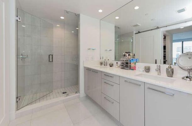 Bathroom, Dual Sink Vanities, Glass Shower, Interior, Recessed Lighting