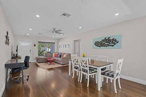 Dining room, Interior, Living room, Recessed Lighting, Wood Texture Flooring