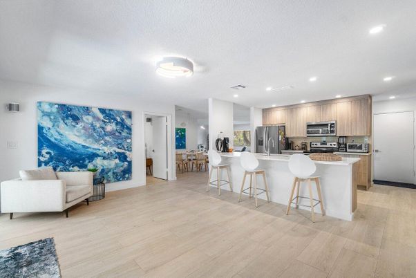Interior, Kitchen, Recessed Lighting, Stainless Steel Appliances, Wood Texture Flooring