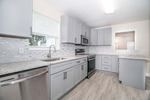 Interior, Kitchen, Stainless Steel Appliances, Wood Texture Flooring