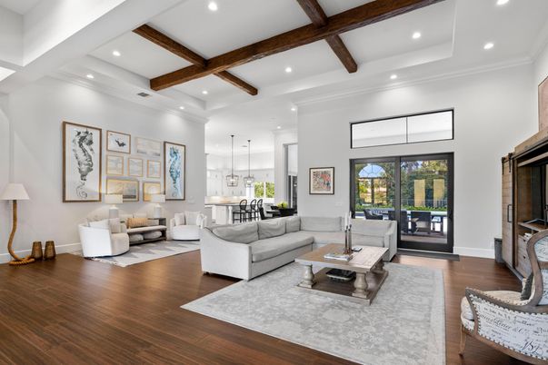 Interior, Living room, Pendant Lights, Recessed Lighting, Wooden Beams, Wood Texture Flooring