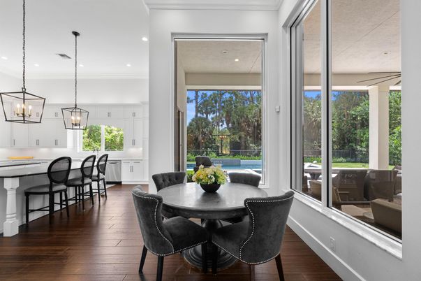 Dining room, Interior, Kitchen, Pendant Lights, Recessed Lighting, Wood Texture Flooring