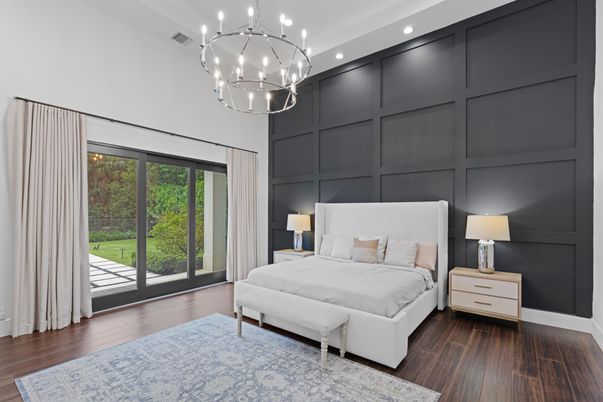 Bedroom, Interior, Pendant Lights, Recessed Lighting, Wood Texture Flooring