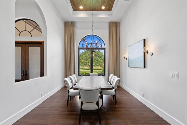 Dining room, Interior, Pendant Lights, Recessed Lighting, Wood Texture Flooring