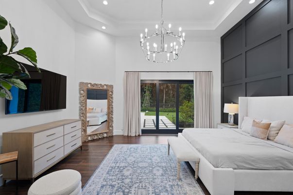 Bedroom, Chandelier, Interior, Pendant Lights, Recessed Lighting, Wood Texture Flooring