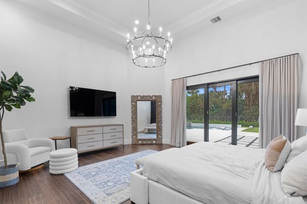 Bedroom, Interior, Pendant Lights, Recessed Lighting, Wood Texture Flooring