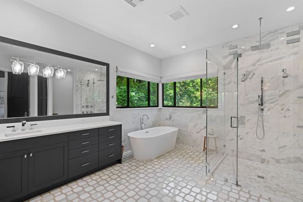Bathroom, Dual Sink Vanities, Free Standing Baths, Glass Shower, Interior, Marble Walls, Recessed Lighting