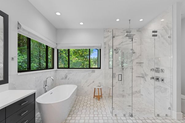 Bathroom, Free Standing Baths, Glass Shower, Interior, Marble Walls, Recessed Lighting
