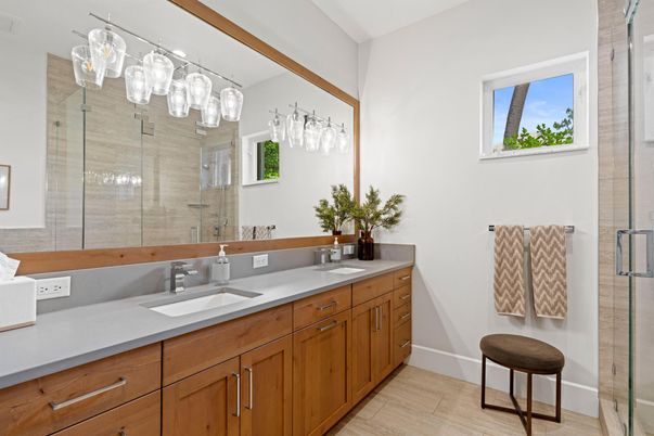 Bathroom, Dual Sink Vanities, Glass Shower, Interior, Wood Texture Flooring
