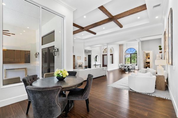 Dining room, Interior, Living room, Recessed Lighting, Wooden Beams, Wood Texture Flooring