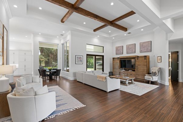 Dining room, Interior, Living room, Recessed Lighting, Wooden Beams, Wood Texture Flooring