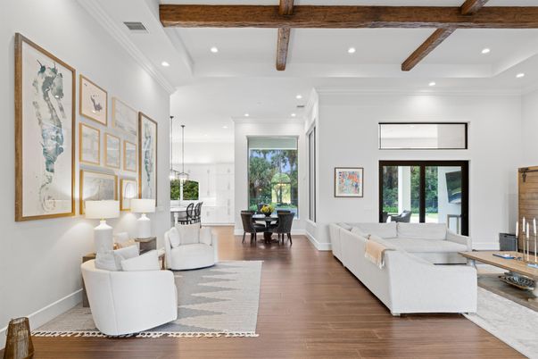Dining room, Interior, Living room, Pendant Lights, Recessed Lighting, Wooden Beams, Wood Texture Flooring