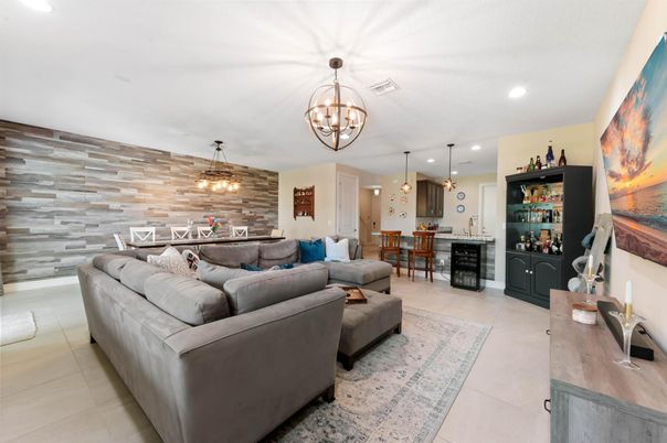 Dining room, Interior, Living room, Pendant Lights, Recessed Lighting, Wooden Walls