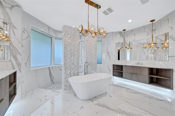 Bathroom, Chandelier, Dual Sink Vanities, Free Standing Baths, Interior, Marble, Marble Walls, Pendant Lights, Recessed Lighting
