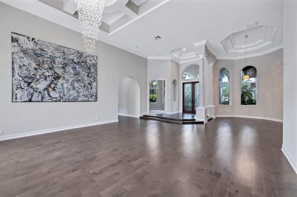 Empty room, Interior, Pendant Lights, Recessed Lighting, Wood Texture Flooring