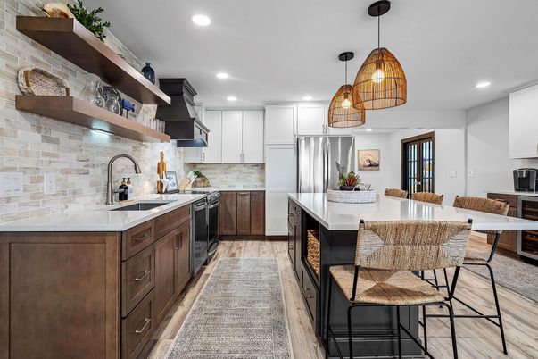 Interior, Kitchen, Pendant Lights, Recessed Lighting, Stainless Steel Appliances, Stone Walls, Wood Texture Flooring
