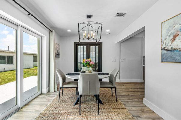 Dining room, Interior, Recessed Lighting, Wood Texture Flooring