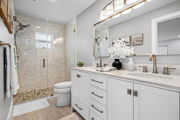 Bathroom, Dual Sink Vanities, Glass Shower, Interior, Recessed Lighting