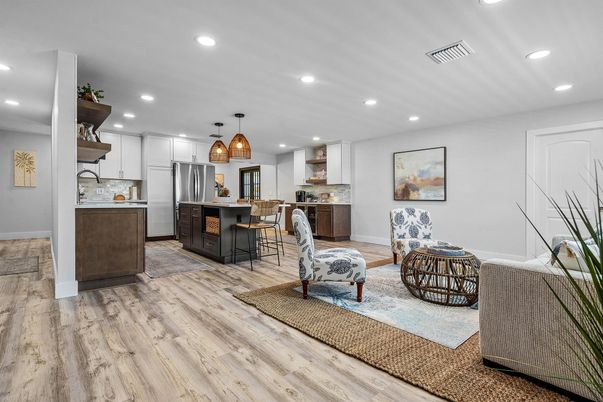 Interior, Kitchen, Pendant Lights, Recessed Lighting, Stainless Steel Appliances, Wood Texture Flooring