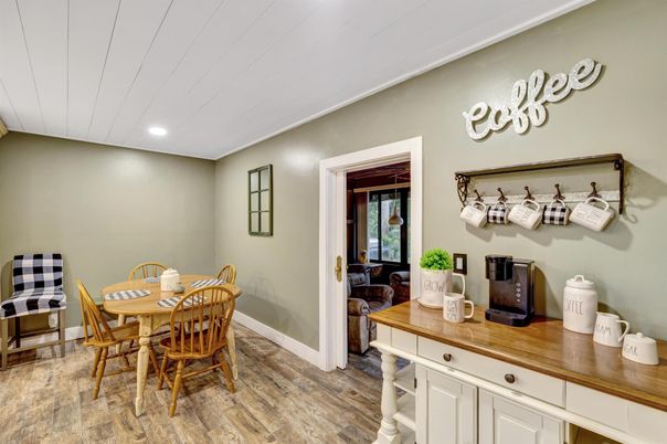 Dining room, Interior, Recessed Lighting, Wood Texture Flooring