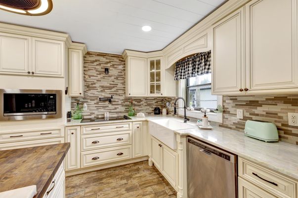 Interior, Kitchen, Recessed Lighting, Stainless Steel Appliances, Stone Walls, Wood Texture Flooring