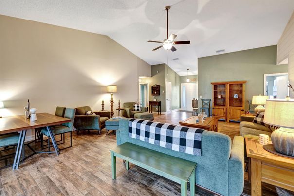 Dining room, Interior, Living room, Pendant Lights, Wood Texture Flooring