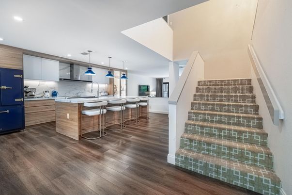 Interior, Kitchen, Marble Walls, Pendant Lights, Recessed Lighting, Wood Texture Flooring