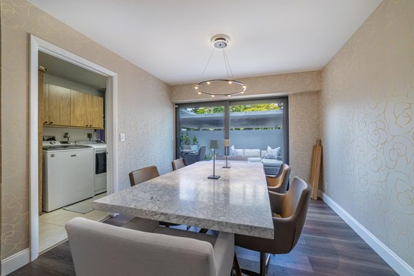 Dining room, Interior, Pendant Lights, Wood Texture Flooring