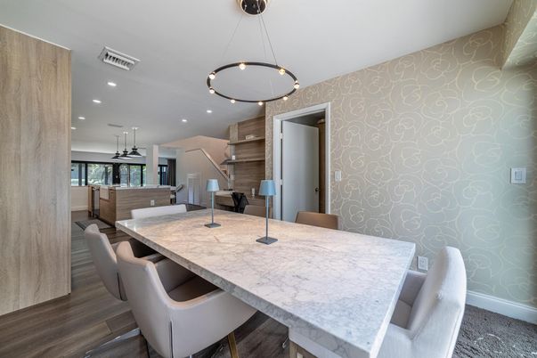 Dining room, Interior, Kitchen, Pendant Lights, Recessed Lighting, Wood Texture Flooring