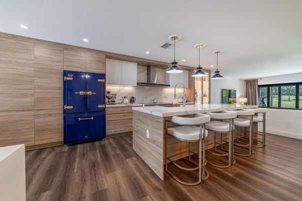 Interior, Kitchen, Marble Walls, Pendant Lights, Recessed Lighting, Wood Texture Flooring