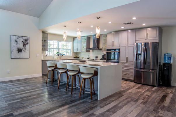 Interior, Kitchen, Pendant Lights, Recessed Lighting, Stainless Steel Appliances, Wood Texture Flooring